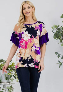 Purple Floral Top with Ruffled Sleeves