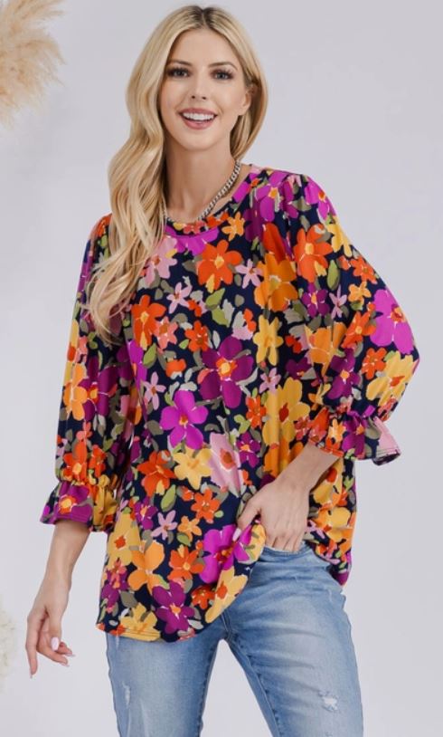 NAVY FLORAL TOP WITH 3/4 SLEEVES