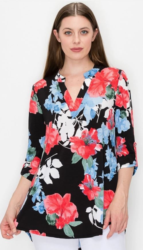 Floral Band Collar Roll Up Sleeve Blouse