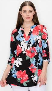 Floral Band Collar Roll Up Sleeve Blouse