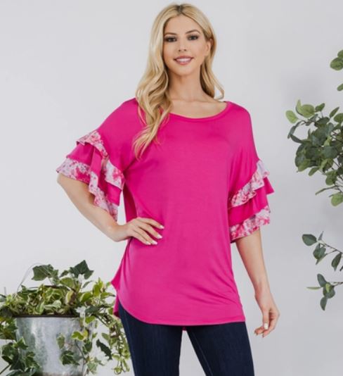 Fuchsia Top with Layered Sleeves -