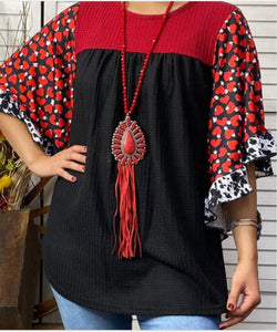 Black, Red, Hearts & cow printed bell sleeve top