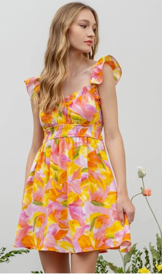 Watercolor Floral Print Ruffle Mini Dress