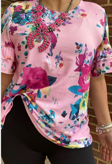 Pink floral printed short sleeve top w/trim