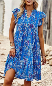 BLUE Floral Print V Neck Ruffle Puff Sleeve Dress