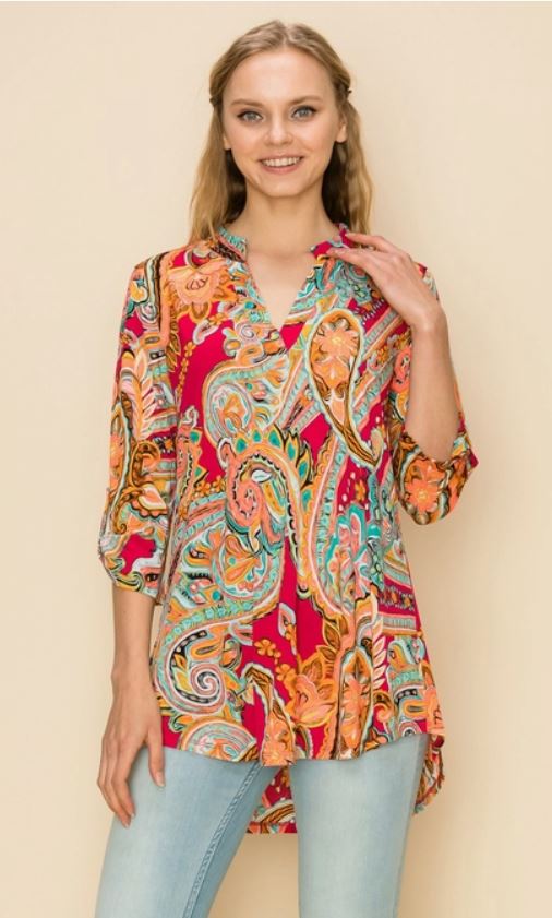 FLORAL EXPLOSION Band Collar Roll Up Sleeve Blouse