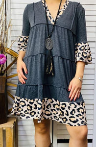 Grey & Leopard printed 3/4 sleeve ruffled dress