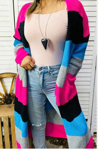 Colorblock Striped long style sweater w/pocket