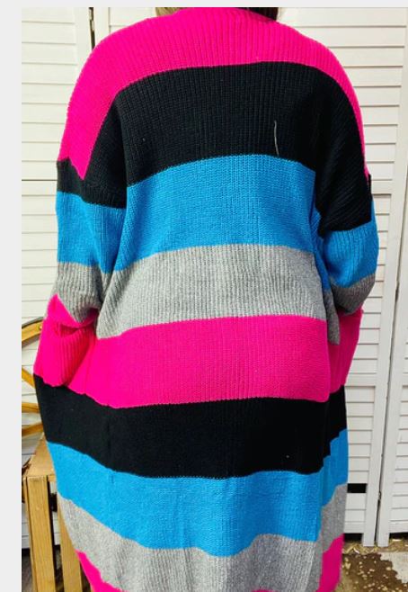 Colorblock Striped long style sweater w/pocket