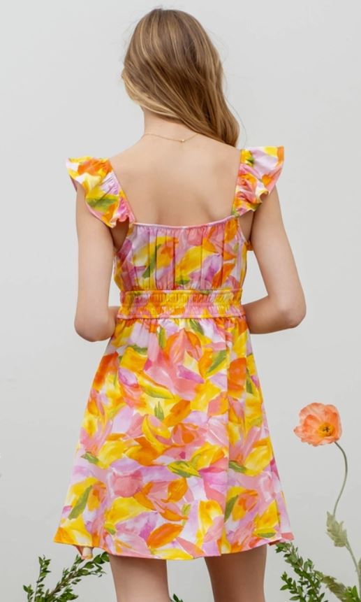 Watercolor Floral Print Ruffle Mini Dress
