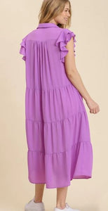 Tiered Midi Dress with Ruffled Sleeves in Lavender