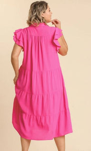 Tiered Midi Dress with Ruffled Sleeves in Hot Pink