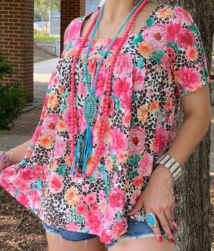 Pink Floral & Leopard printed baby doll blouse