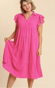 Tiered Midi Dress with Ruffled Sleeves in Hot Pink
