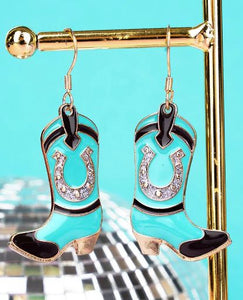 TURQUOISE GOOD LUCK BOOTS GOLDTONE EARRINGS