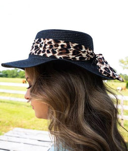 CRUISE ON BY LEOPARD BANDED BLACK STRAW BOATER HAT