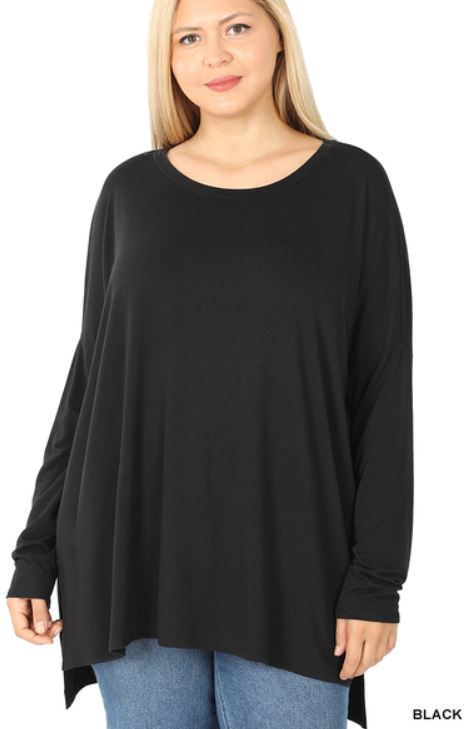 Dolman Sleeve High Low Top with Side Slits Black