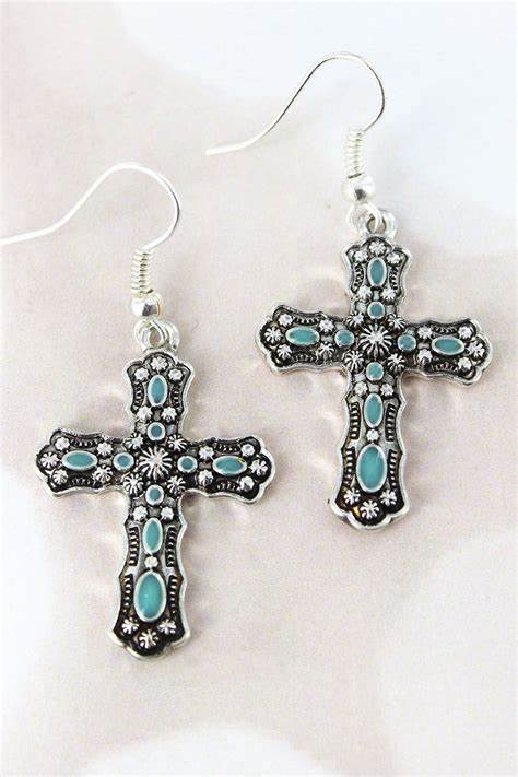Antique Silvertone and Turquoise Cross Earrings