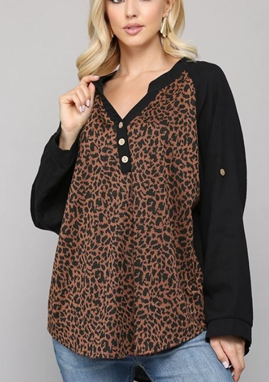 Leopard Knit & Woven Mixed Roll Up Long Sleeve Top