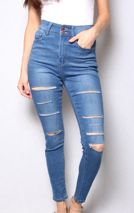 High Waist Med Washed Ripped Jeans