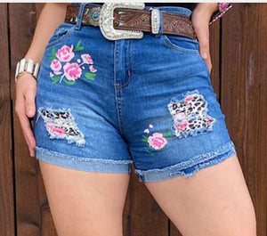 Blue Denim shorts w/ floral patches