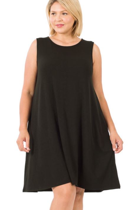 Sleeveless Flared Dress with Side Pockets - Black