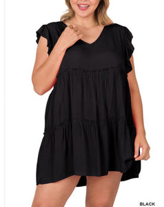Woven Airflow Ruffle Sleeve Tiered Top - Black