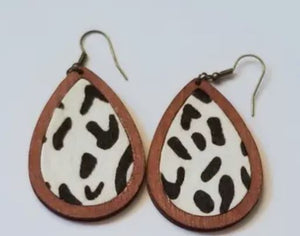Animal Print Leather & Wood Teardrop Earrings 2