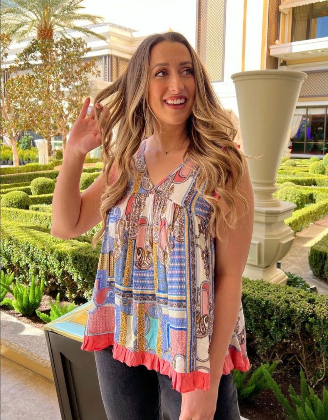 Price Spacey Kacey Pink and Paisley Sleeveless Babydoll Top