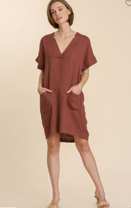 Linen Blend Notch Collar Dress with Rolled Cuff Path Pockets = Burnt Brick Color
