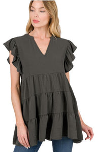 Woven Airflow Ruffle Sleeve Tiered Top